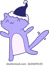 hand drawn line drawing of a dancing cat wearing santa hat in bright neon colors