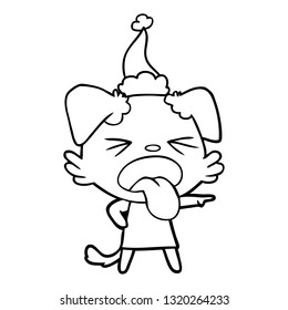 hand drawn line drawing of a disgusted dog wearing santa hat