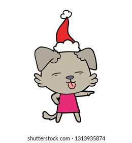 hand drawn line drawing of a dog sticking out tongue wearing santa hat
