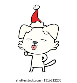hand drawn line drawing of a dog sticking out tongue wearing santa hat