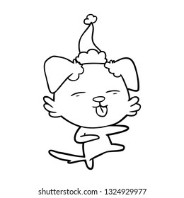 hand drawn line drawing of a dog dancing wearing santa hat