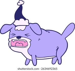 hand drawn line drawing of a dog barking wearing santa hat in bright neon colors