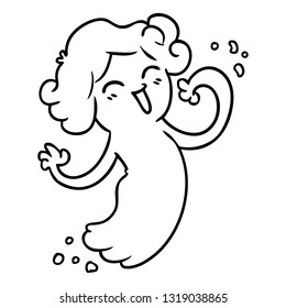 doodle de dibujo de línea dibujado a mano de un fantasma rosa feliz