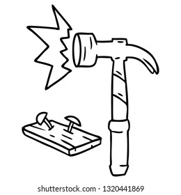 hand drawn line drawing doodle of a hammer and nails