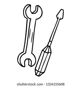 doodle de dibujo de línea dibujado a mano de un spanner y un destornillador