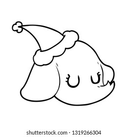 hand drawn line drawing of a elephant face wearing santa hat
