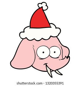 hand drawn line drawing of a elephant face wearing santa hat
