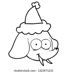 hand drawn line drawing of a elephant face wearing santa hat