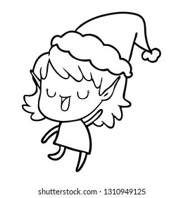 dibujo de la línea dibujada a mano de una elfo que lleva sombrero santa