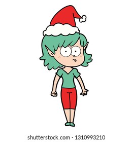 hand drawn line drawing of a elf girl staring wearing santa hat
