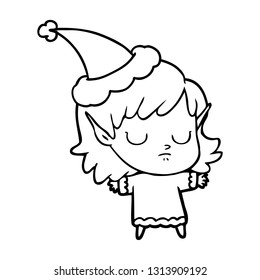 hand drawn line drawing of a elf girl wearing santa hat