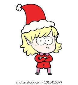 hand drawn line drawing of a elf girl staring wearing santa hat