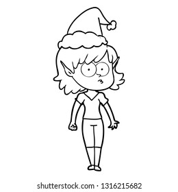 hand drawn line drawing of a elf girl staring wearing santa hat