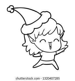 hand drawn line drawing of a elf girl wearing santa hat