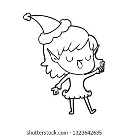 hand drawn line drawing of a elf girl wearing santa hat