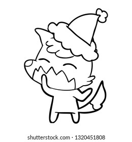 hand drawn line drawing of a fox wearing santa hat