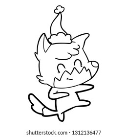 hand drawn line drawing of a friendly fox wearing santa hat