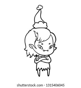 hand drawn line drawing of a friendly vampire girl wearing santa hat