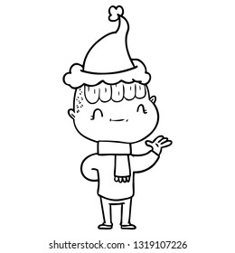 dibujo de una línea dibujada a mano de un muchacho amigo que usa sombrero santa