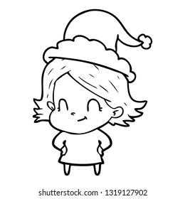 hand drawn line drawing of a friendly girl wearing santa hat
