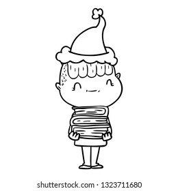 hand drawn line drawing of a friendly boy with books wearing santa hat