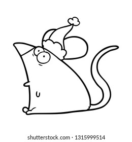hand drawn line drawing of a frightened mouse wearing santa hat