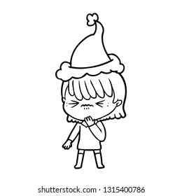 hand drawn line drawing of a girl regretting a mistake wearing santa hat