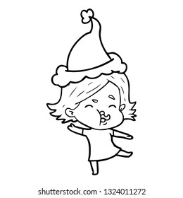 hand drawn line drawing of a girl pulling face wearing santa hat