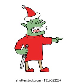hand drawn line drawing of a goblin with knife wearing santa hat
