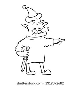 dibujo de una línea dibujada a mano con un sombrero de santa con cuchillo