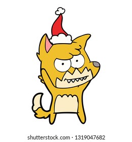 hand drawn line drawing of a grinning fox wearing santa hat