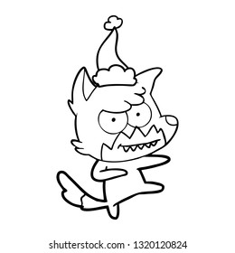 dibujo de línea dibujado a mano de un zorro que graba usando sombrero santa