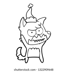hand drawn line drawing of a grinning fox wearing santa hat