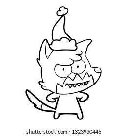 hand drawn line drawing of a grinning fox wearing santa hat