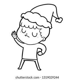 dibujo de una línea dibujada a mano de un niño gruñón que lleva sombrero santa