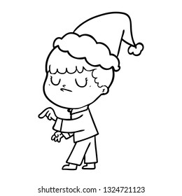 hand drawn line drawing of a grumpy boy wearing santa hat