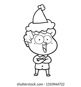 hand drawn line drawing of a happy man wearing santa hat