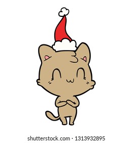 hand drawn line drawing of a happy cat wearing santa hat