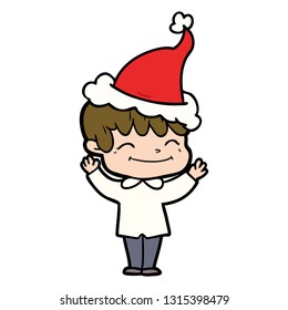 hand drawn line drawing of a happy boy wearing santa hat