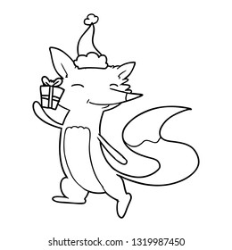 dibujo de línea dibujado a mano de un zorro feliz que lleva sombrero santa