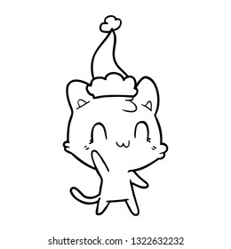 hand drawn line drawing of a happy cat wearing santa hat