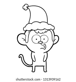 hand drawn line drawing of a hooting monkey wearing santa hat