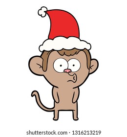 hand drawn line drawing of a hooting monkey wearing santa hat