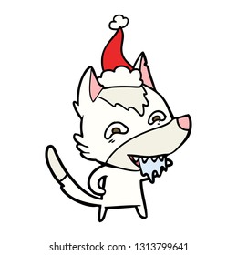 hand drawn line drawing of a hungry wolf wearing santa hat