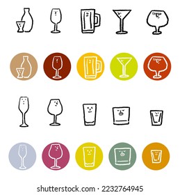 Hand drawn line drawing icon set of glasses with faces