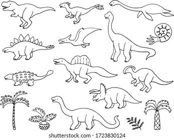 Dibujo de línea dibujada a mano conjunto de dinosaurios