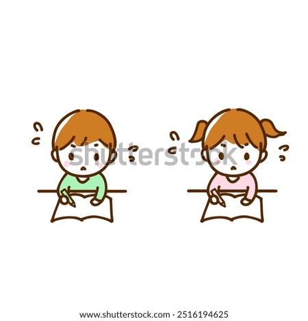 Hand drawn line drawing illustration of a little boy and girl studying frantically.