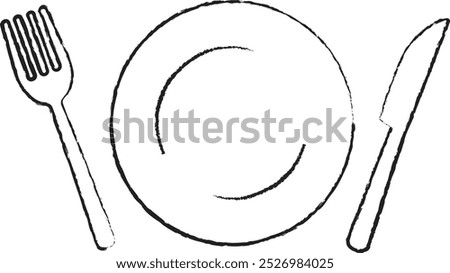 Hand drawn line drawing illustration of fork, knife and plate