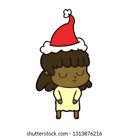 hand drawn line drawing of a indifferent woman wearing santa hat