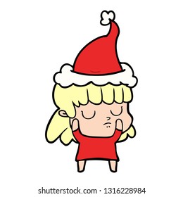 hand drawn line drawing of a indifferent woman wearing santa hat
